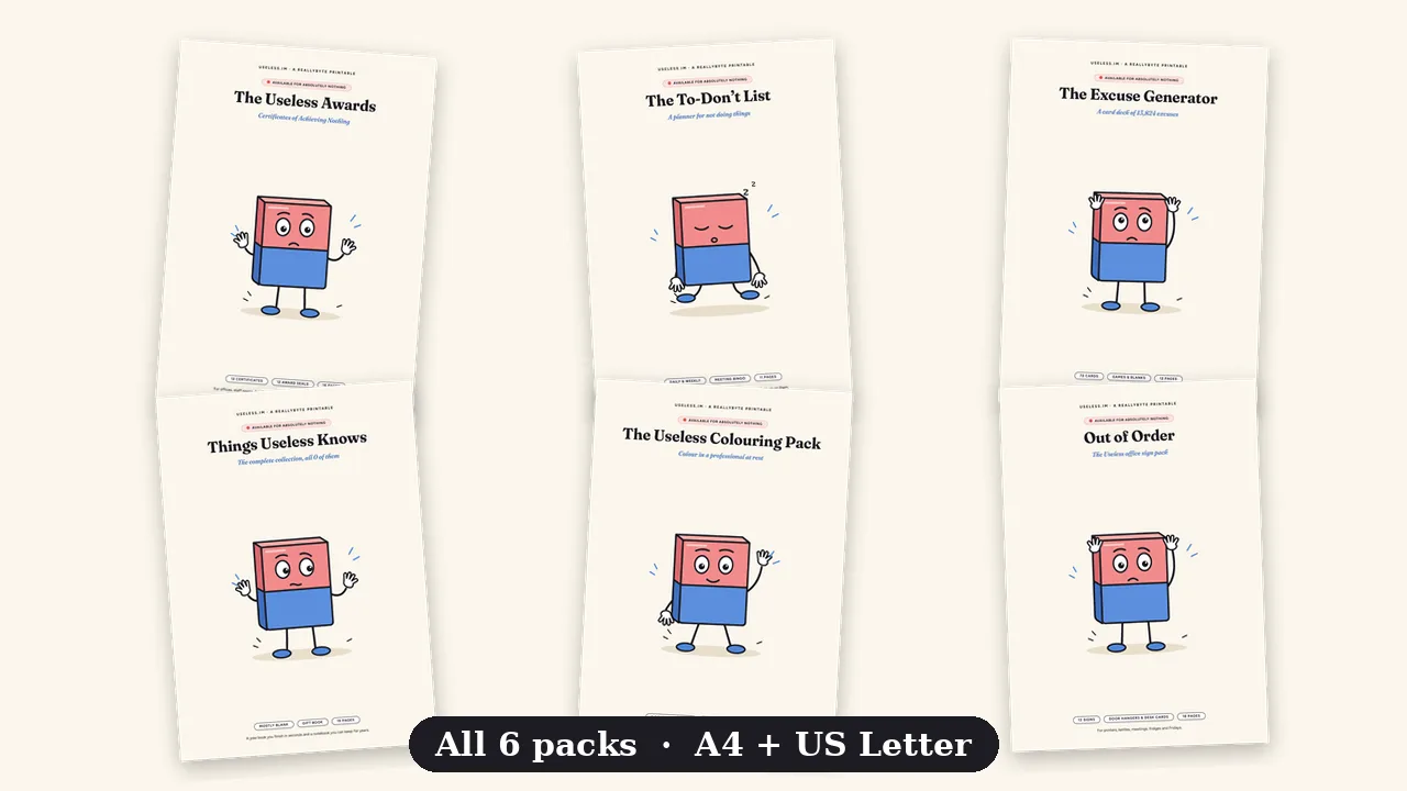 Covers of all six Useless printables